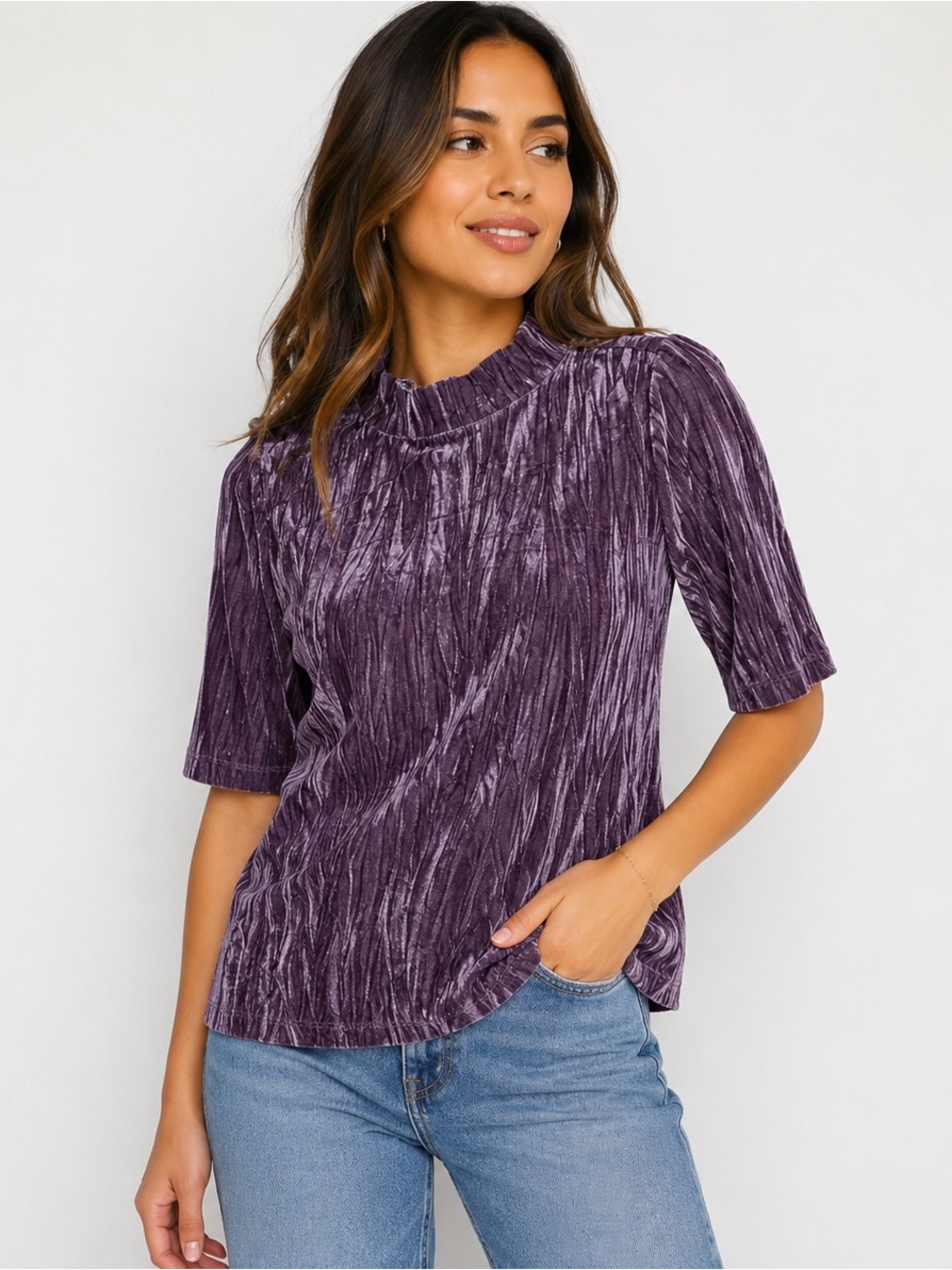 Pilcro Crushed Velvet Mock Neck Top - Deep Purple
